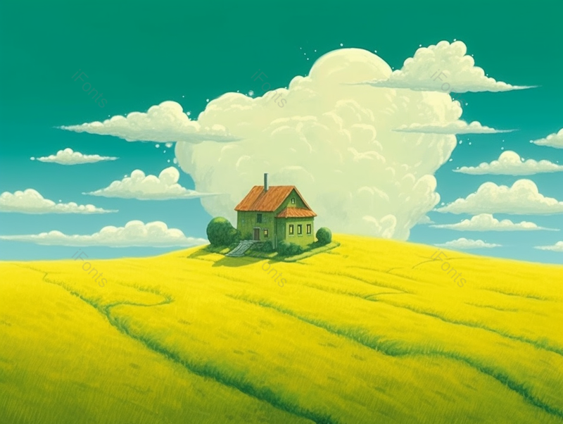 巨大的白云下在绿色的山坡上的一栋小房子宁静的无人场景手绘插画背景,插画/手绘图,插画/手绘图库,插画/手绘图下载,插画/手绘